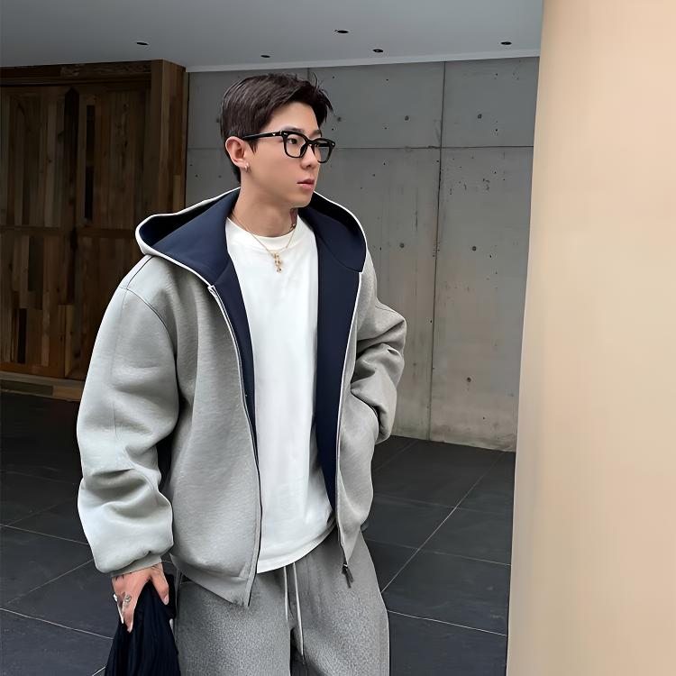 秋冬季卫衣撞色拼接双拉链连帽开衫男士韩版宽松休闲百搭夹克外套