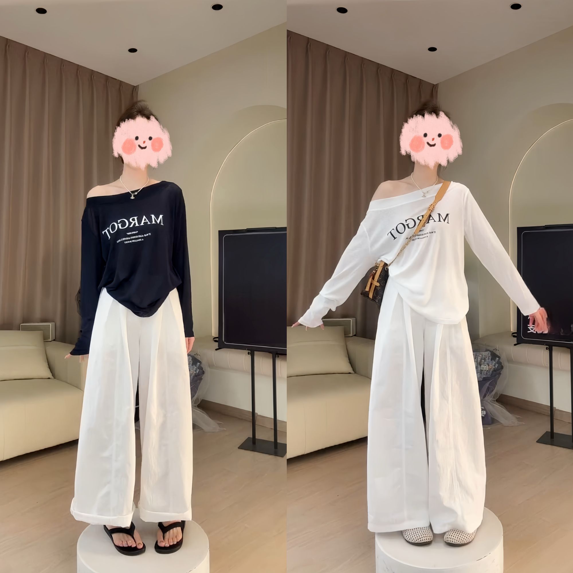 2025夏季韩系百搭宽松简约斜肩防晒T时尚百搭宽松直筒阔腿裤套装