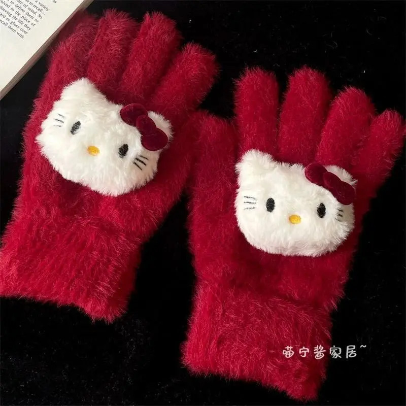 秋冬季复古毛绒保暖手套防冻手套可爱捏~新款红色Kitty毛茸茸小众
