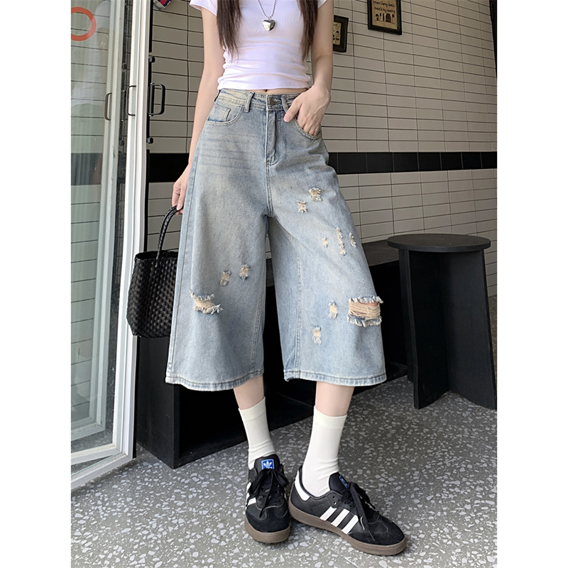 蓝色水洗做旧破洞七分裤女夏季新款美式复古直筒宽松阔腿牛仔中裤
