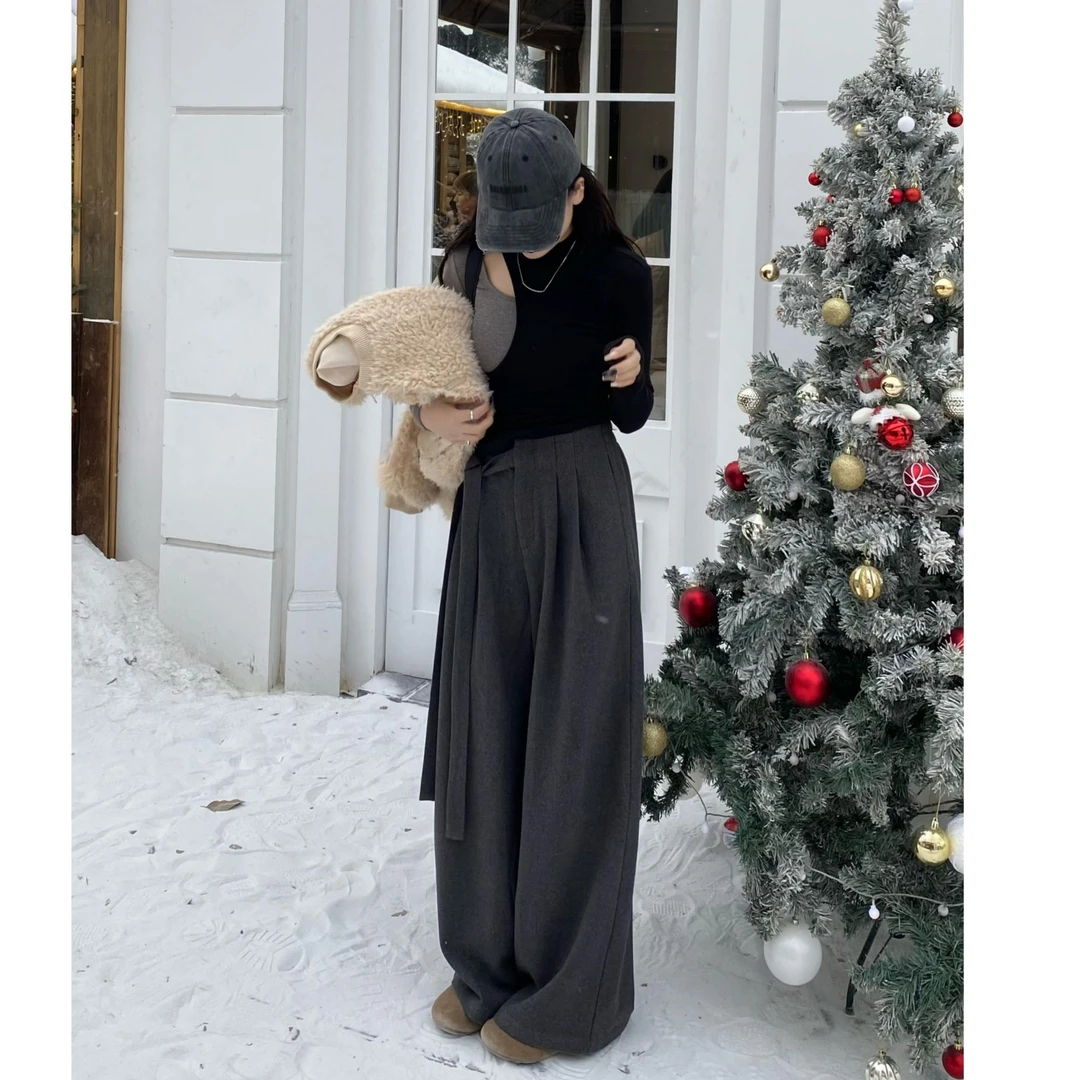 冬季加厚显瘦休闲垂感新款慵懒呢子宽松拖地百搭设计感阔腿裤