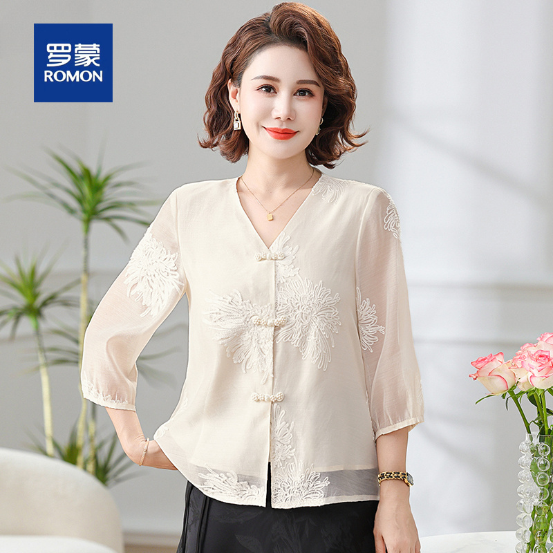 罗蒙贵夫人妈妈夏装新款套装女中老年国风小衫雪纺新中式小衫女