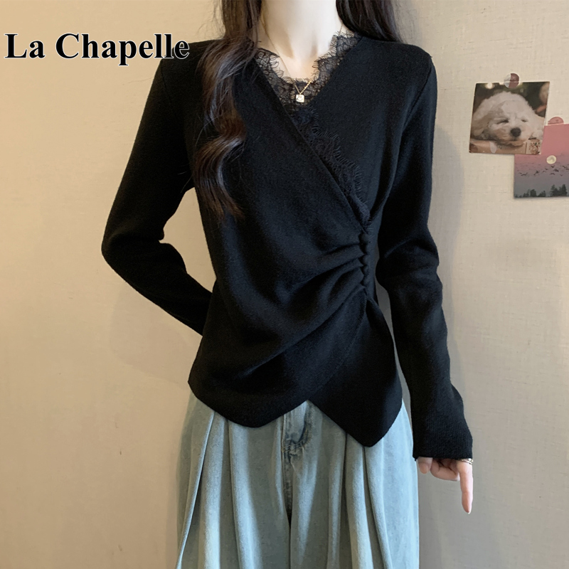 拉夏贝尔大码女装法式v领蕾丝拼接针织衫女胖小众炸街高级感女装