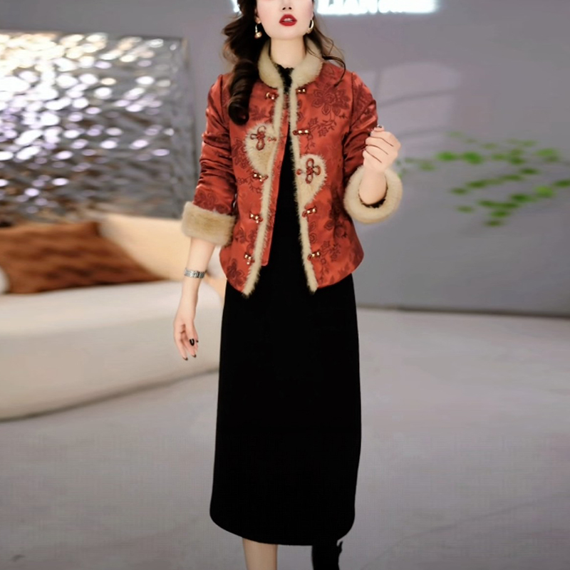 气质国风夹棉保暖裙子套装冬季新款爆款洋气显瘦高贵两件套连衣裙