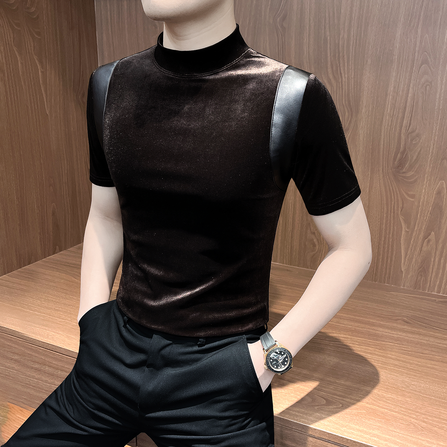 拼皮中领短袖T恤男款网红洋气炸街男装秋冬痞帅高级感男士打底衫