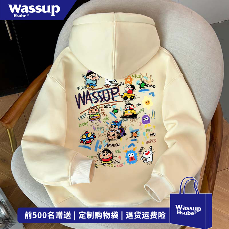WASSUP HSUBE趣味原创小新印花连帽卫衣男女休闲风撞色情侣装上衣
