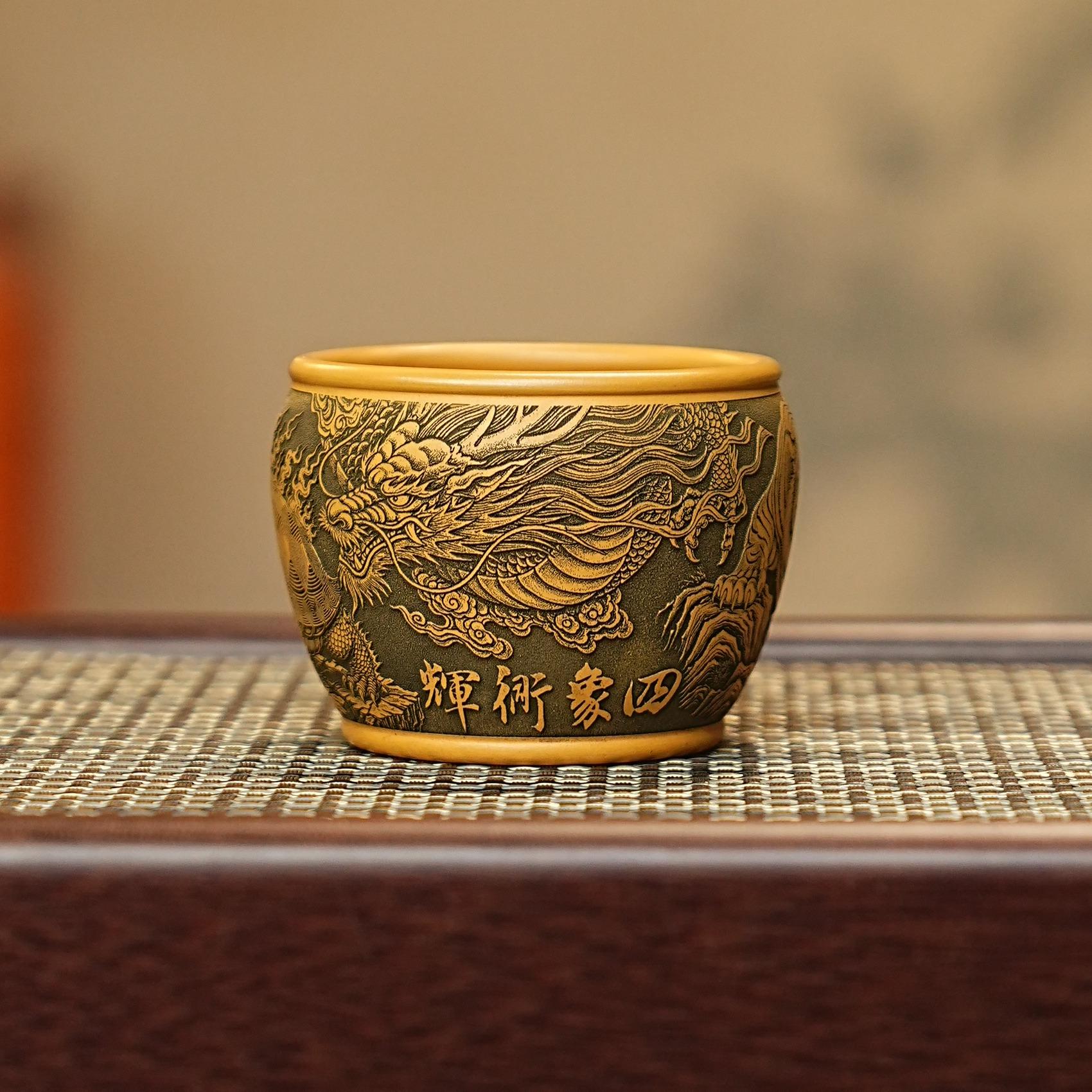 宜兴全手工紫砂茶具 原矿段泥泥料刻绘神兽紫砂主人杯