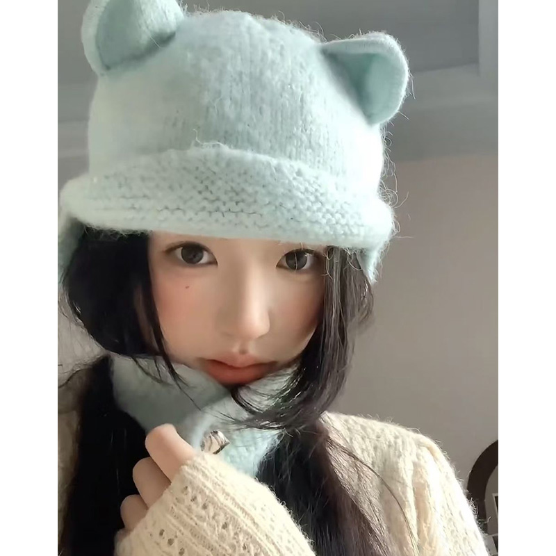 可爱小熊耳朵针织毛线帽女2025年冬天百搭帽子显脸小保暖护耳帽