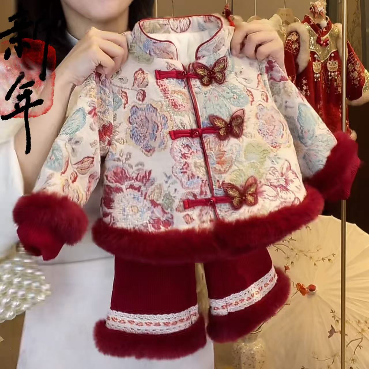 女童拜年服加绒加厚冬季新款国风套装民族风唐装两件套可爱中国风