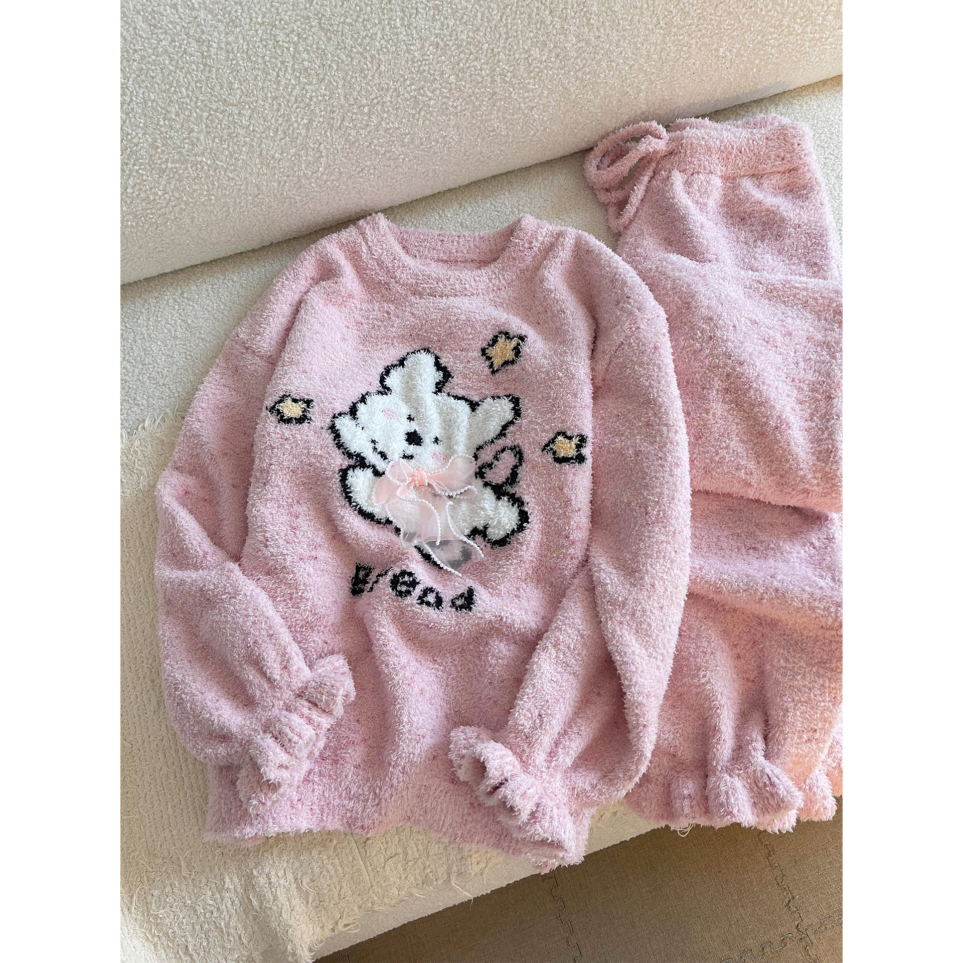 韩版甜美粉色小狗针织半边绒睡衣女冬天可出门保暖加绒家居服套装