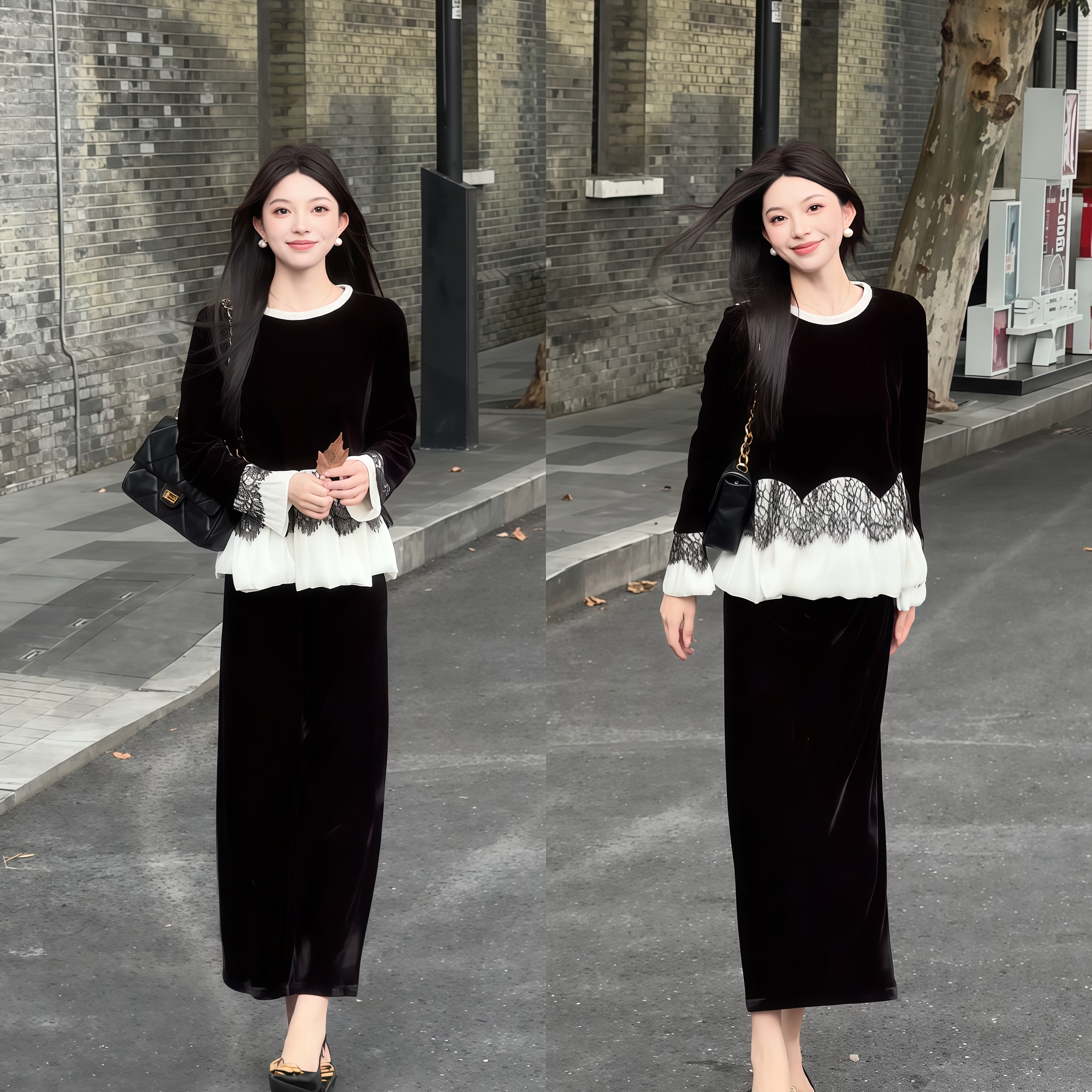 丝绒拼接圆领上衣半身裙两件套千金清冷感贵系衣服多巴胺服装女