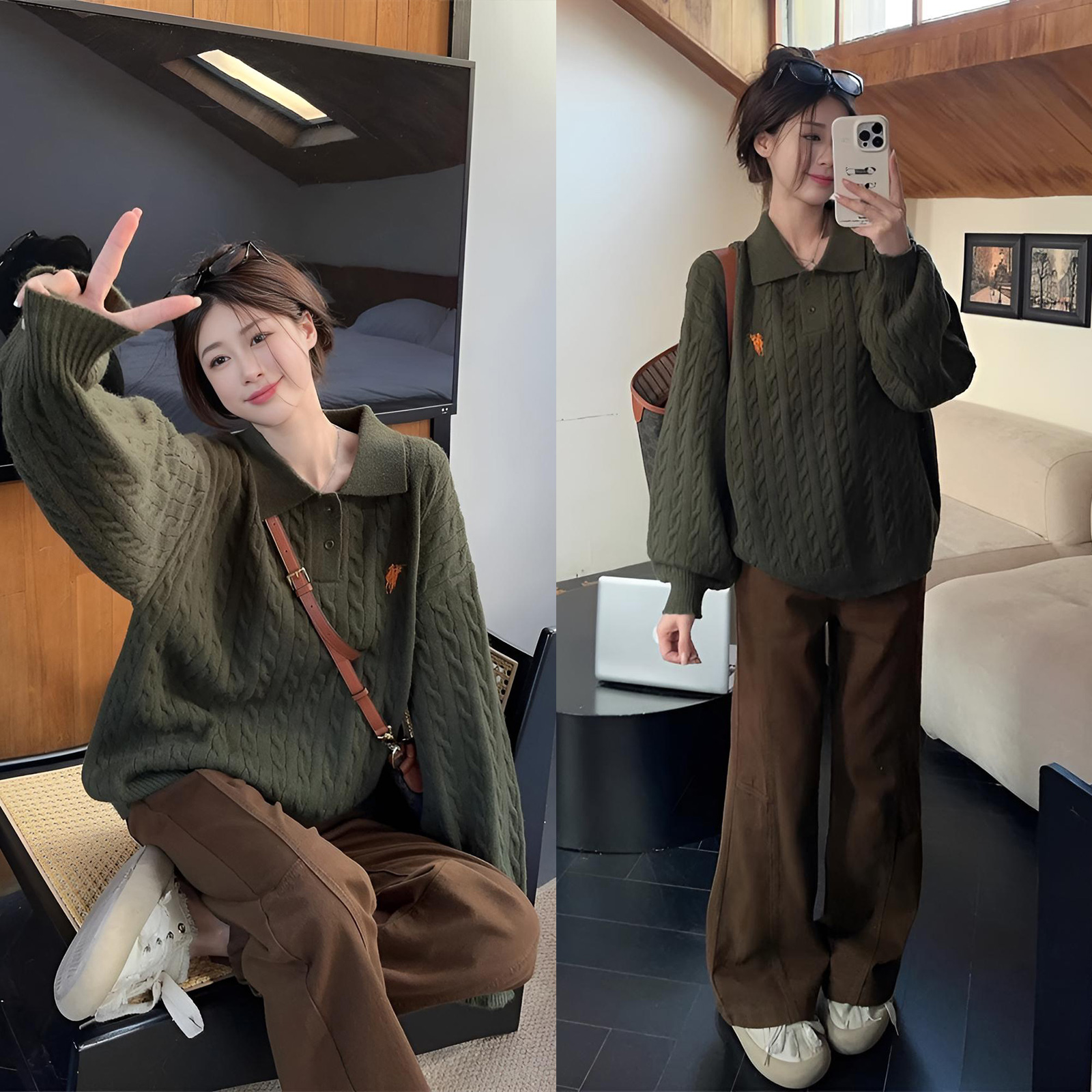 韩系软糯麻花毛衣高腰牛仔裤套装女春秋新款针织衫阔腿裤子两件套