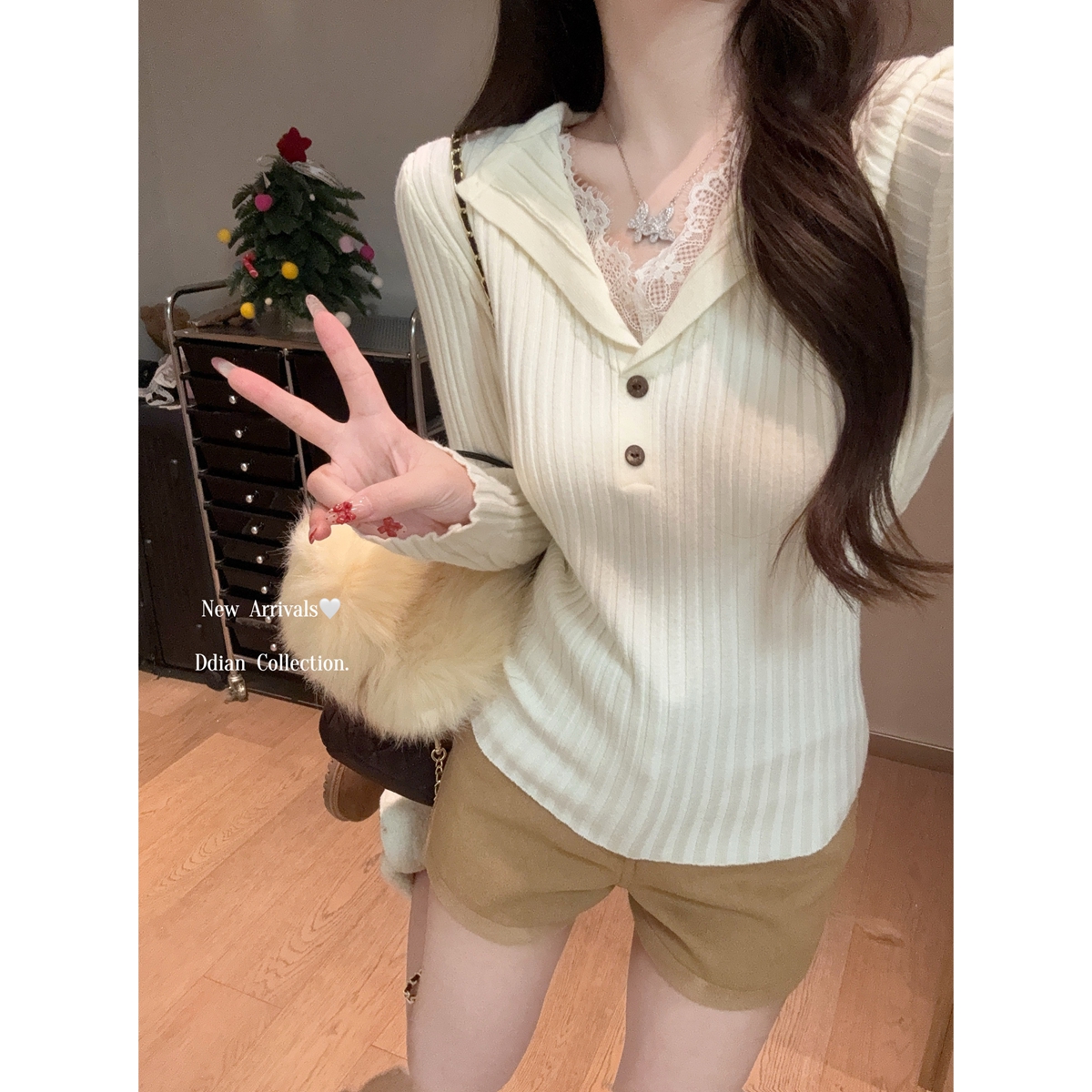 十二针韩版气质蕾丝拼接V领假两件长袖针织衫上衣女显瘦打底内搭