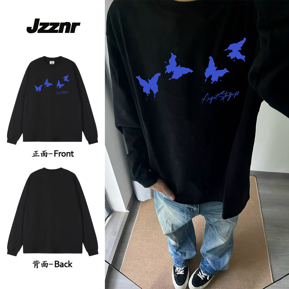 美式潮牌蝴蝶印花重磅纯棉长袖T恤秋季男生宽松打底衫情侣女上衣