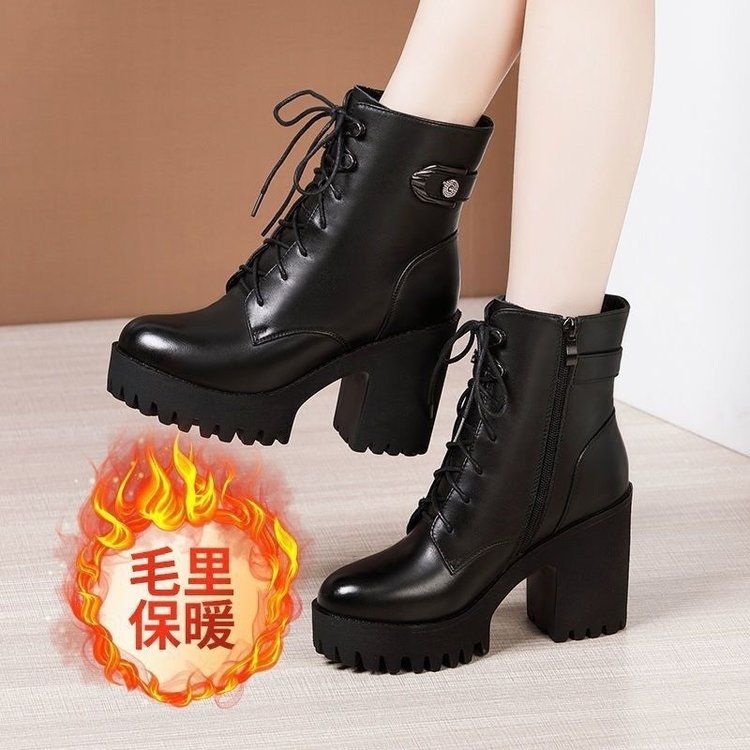 高跟粗跟马丁靴女秋冬新款系带中筒靴防水台大码时尚短靴