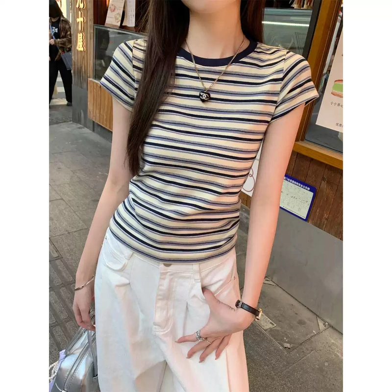 美式复古条纹正肩短袖T恤女2024夏季新款修身显瘦短款打底衫上衣