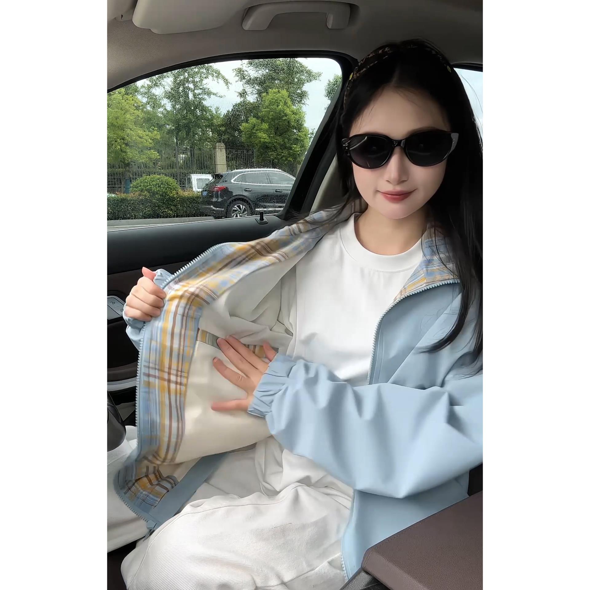 蓝色格子拼接飞行员夹克男款秋季穿搭美式设计感上衣翻领情侣外套