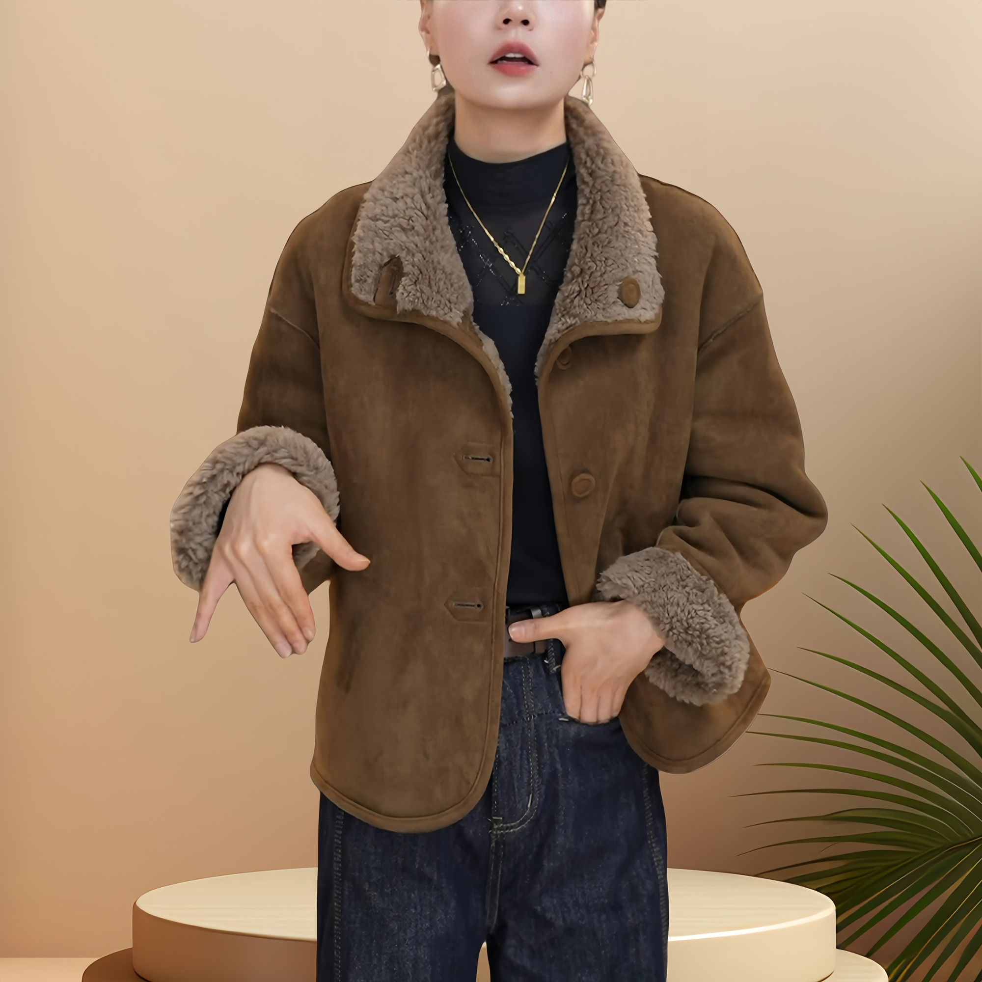 冬季新款时尚加厚皮毛一体短外套设计感休闲百搭保暖两面穿上衣女