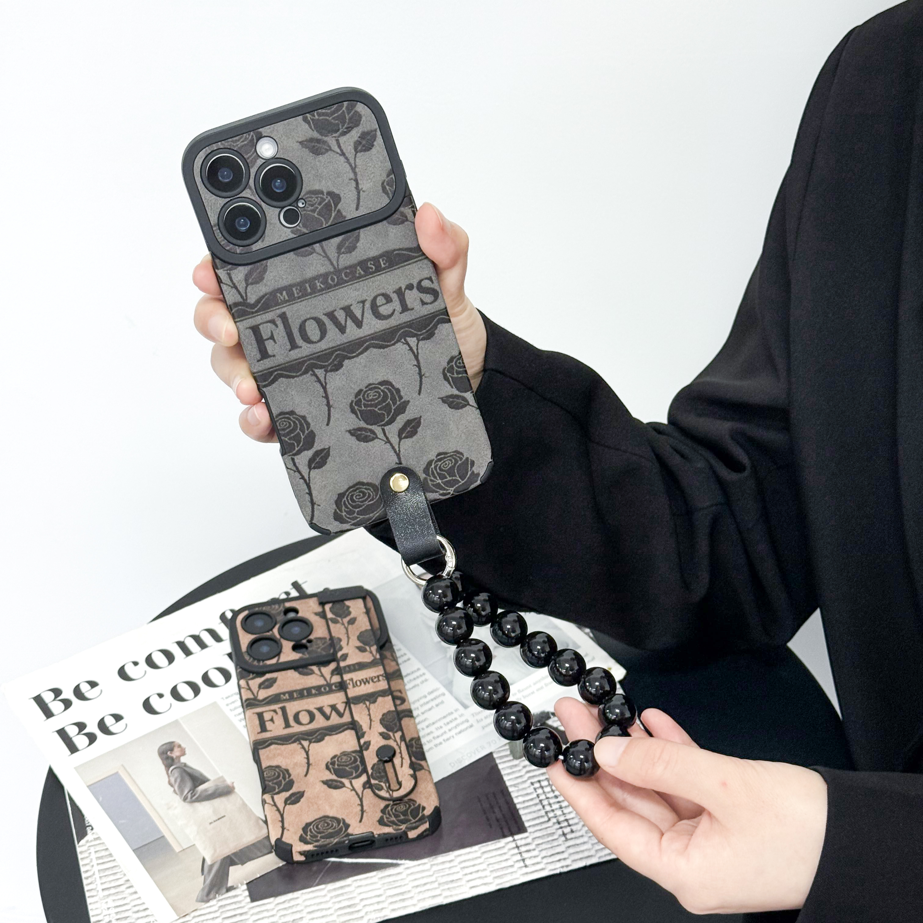 MEIKOCASE黑玫瑰适用苹果17promax手机壳大视窗皮质16创意高级感