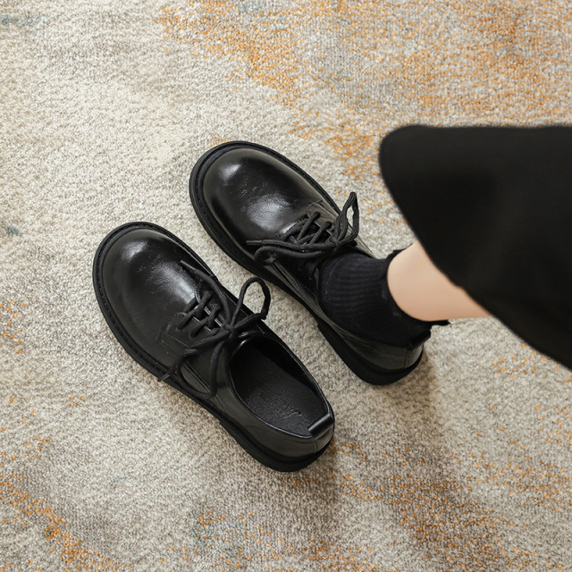 软真皮~2025新款黑色乐福单鞋平底厚底英伦风JK系带小皮鞋女爆款