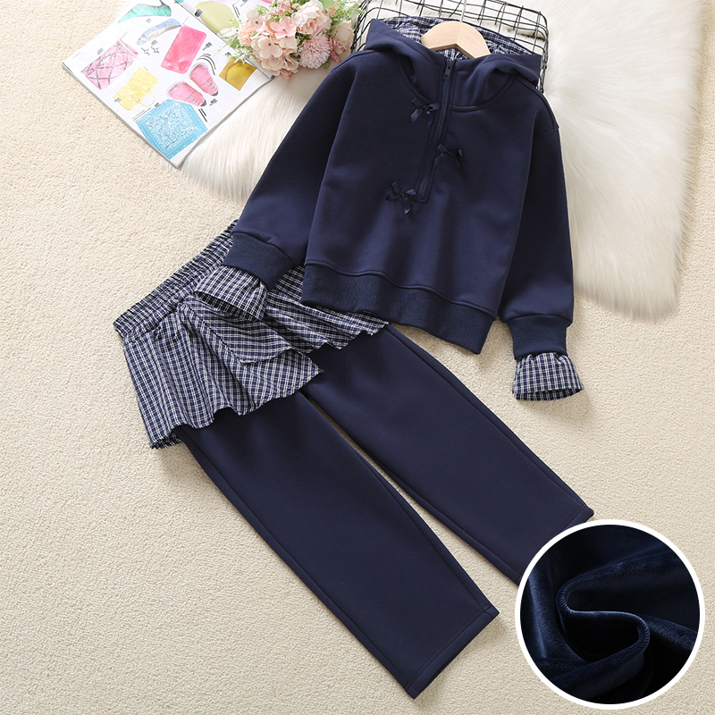 女童加绒套装冬装洋气儿童格纹拼接蝴蝶结卫衣假两件阔腿裤两件套