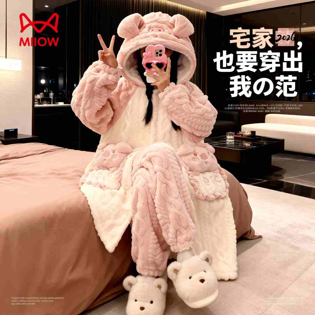 猫人2025年新款珊瑚绒睡衣女加绒加厚连帽睡袍秋冬季家居服套装