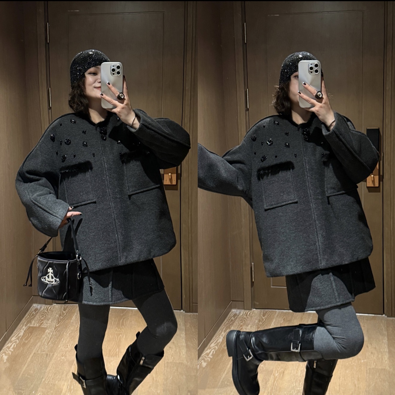 YDFSTUDIO小众【高智定格】欧货亮片花朵装饰羽绒外套+半身裙套装