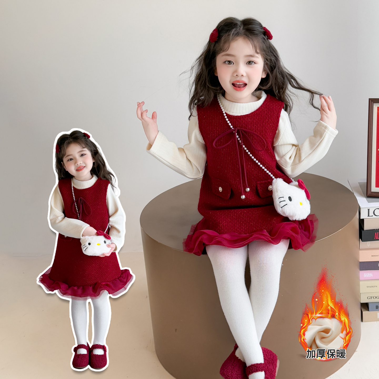 小香风冬季A字裙儿童纯色连衣裙女童公主裙套装保暖洋气加绒加厚