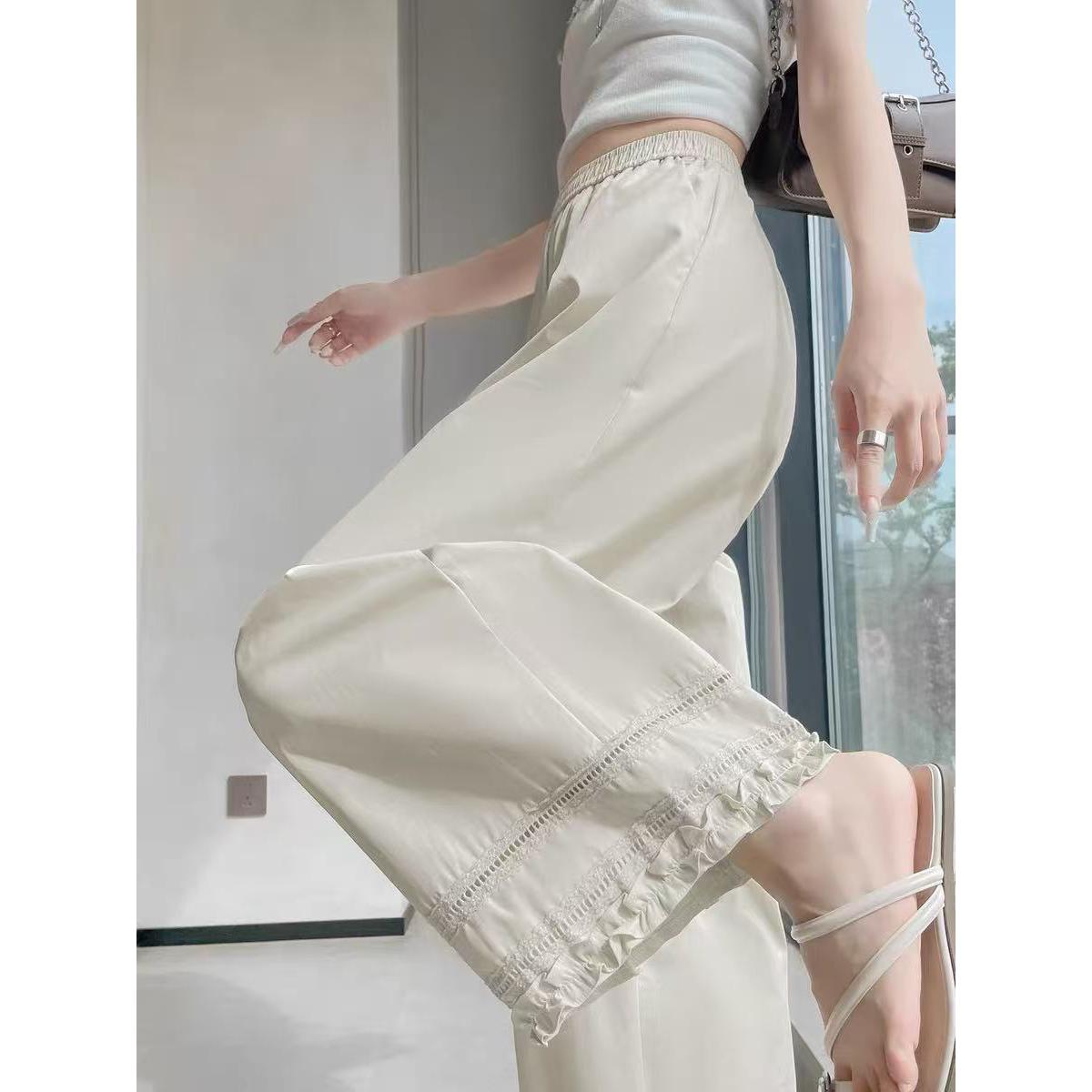 木耳边冰丝阔腿裤女夏季薄款2025新款高腰垂感宽松直筒休闲九分裤