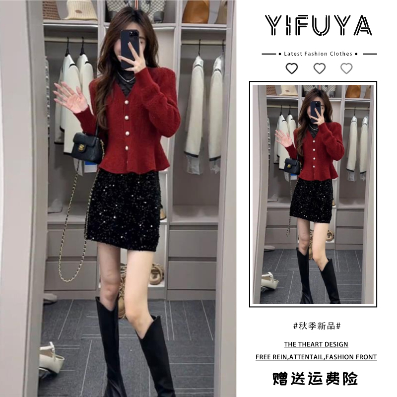 秋冬穿搭一整套2025减龄圣诞过年战袍小洋装红色毛衣裙子套装