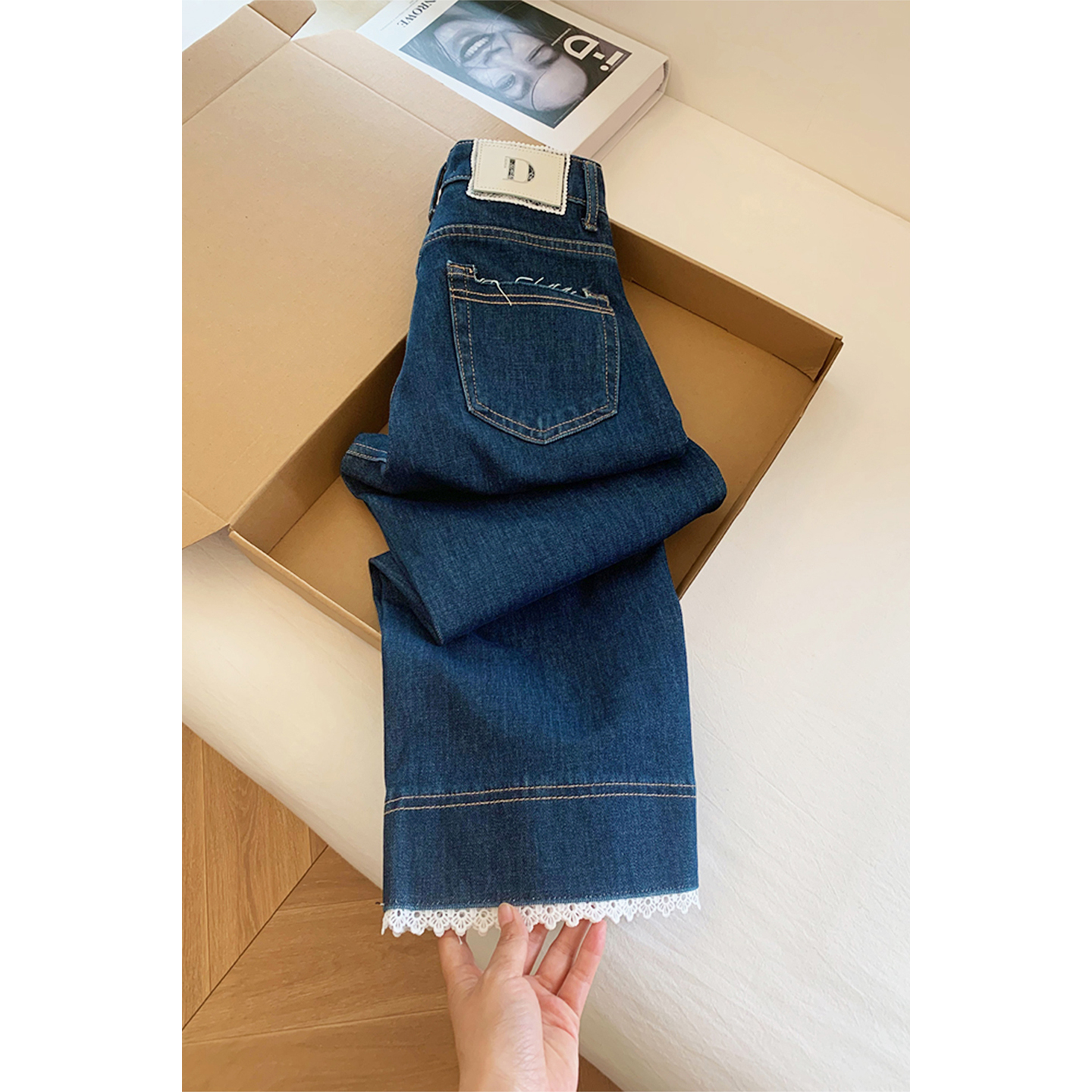 深蓝色蕾丝边直筒牛仔裤秋季新款胖mm梨形身材高腰弹力九分阔腿裤