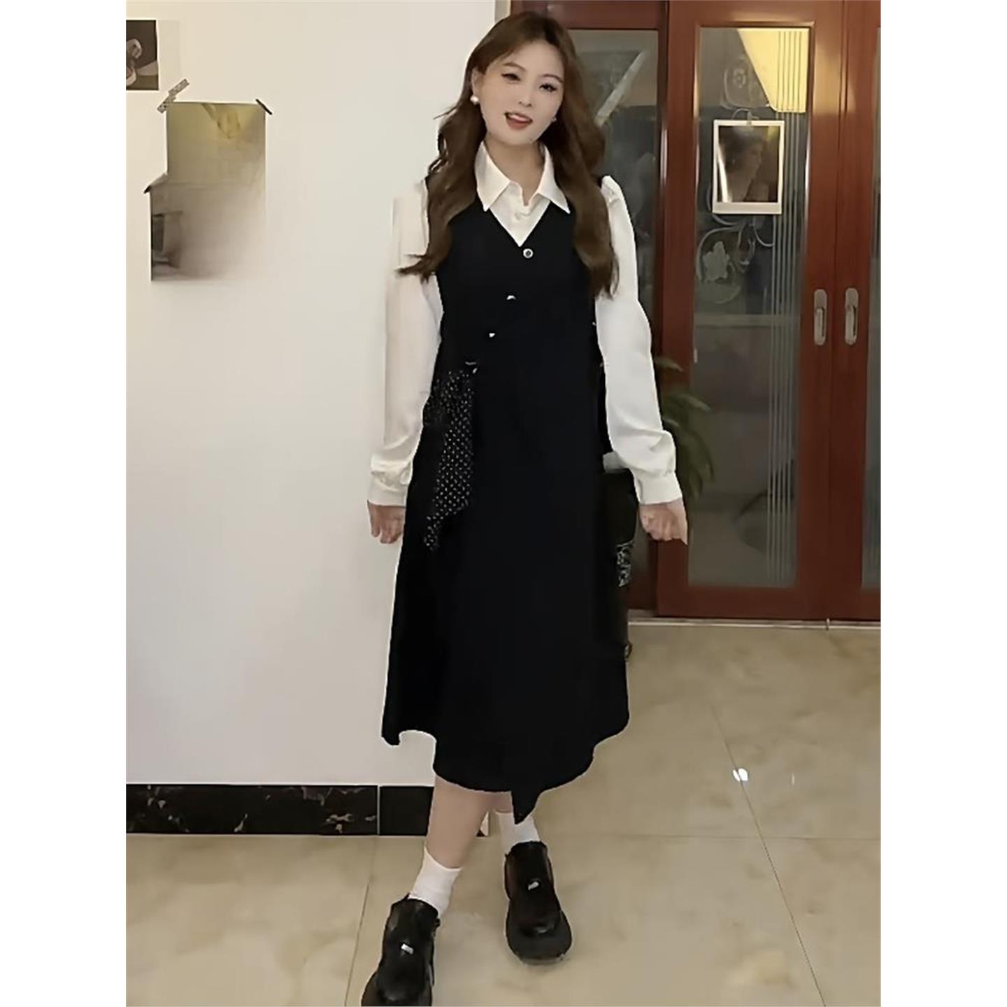 大码女装胖mm学院风翻领假两件收腰长袖连衣裙2025秋季显瘦长裙子