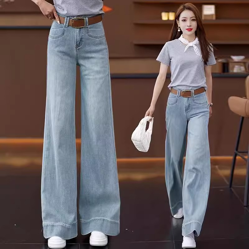 拉夏贝尔浅色做旧阔腿牛仔裤女2025年新款春秋季垂感高腰大脚裤子