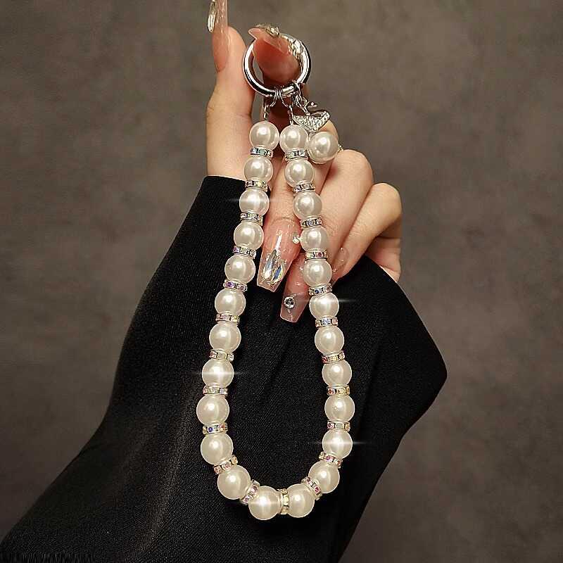 奢华高级感水钻珍珠手提链手腕短绳带夹片壳链钥匙扣包包挂件