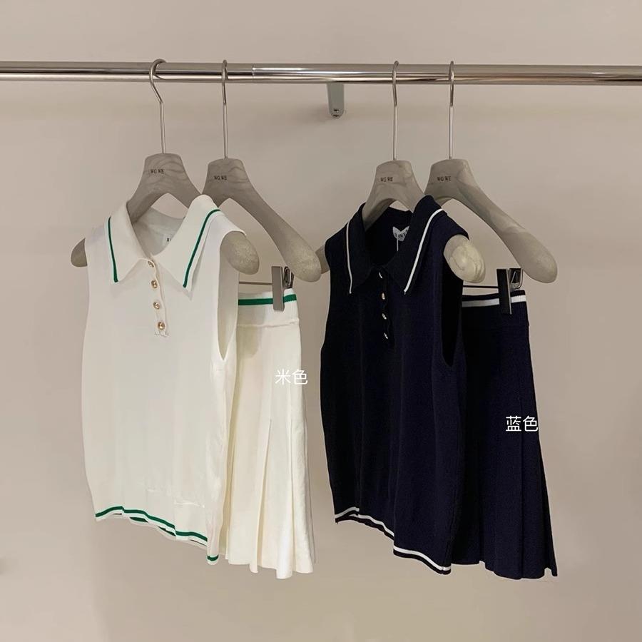 夏季新款撞色网球风POLO无袖上衣百褶裙两件套美式运动休闲套装女