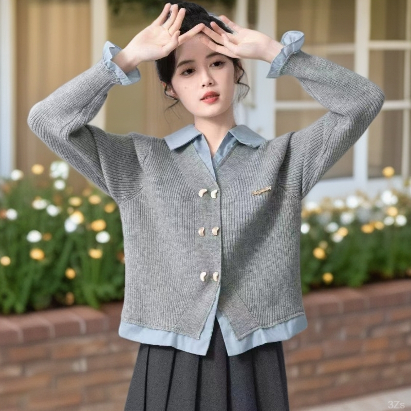 设计感针织开衫假两件拼接polo领2025秋冬新款韩系学院风百搭上衣