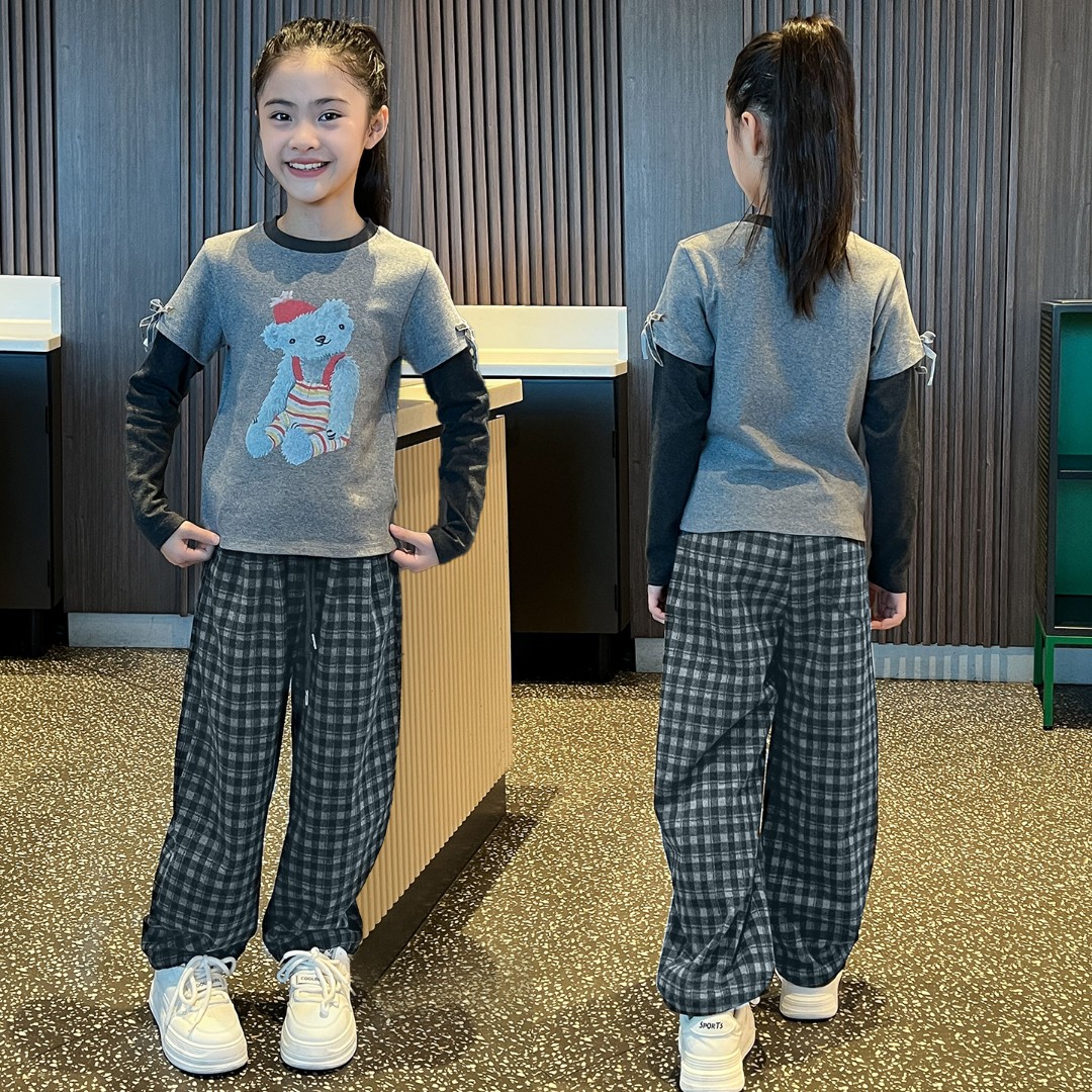女童假两件上衣上衣秋装2025新款儿童卡通上衣格子裤两件套中大童