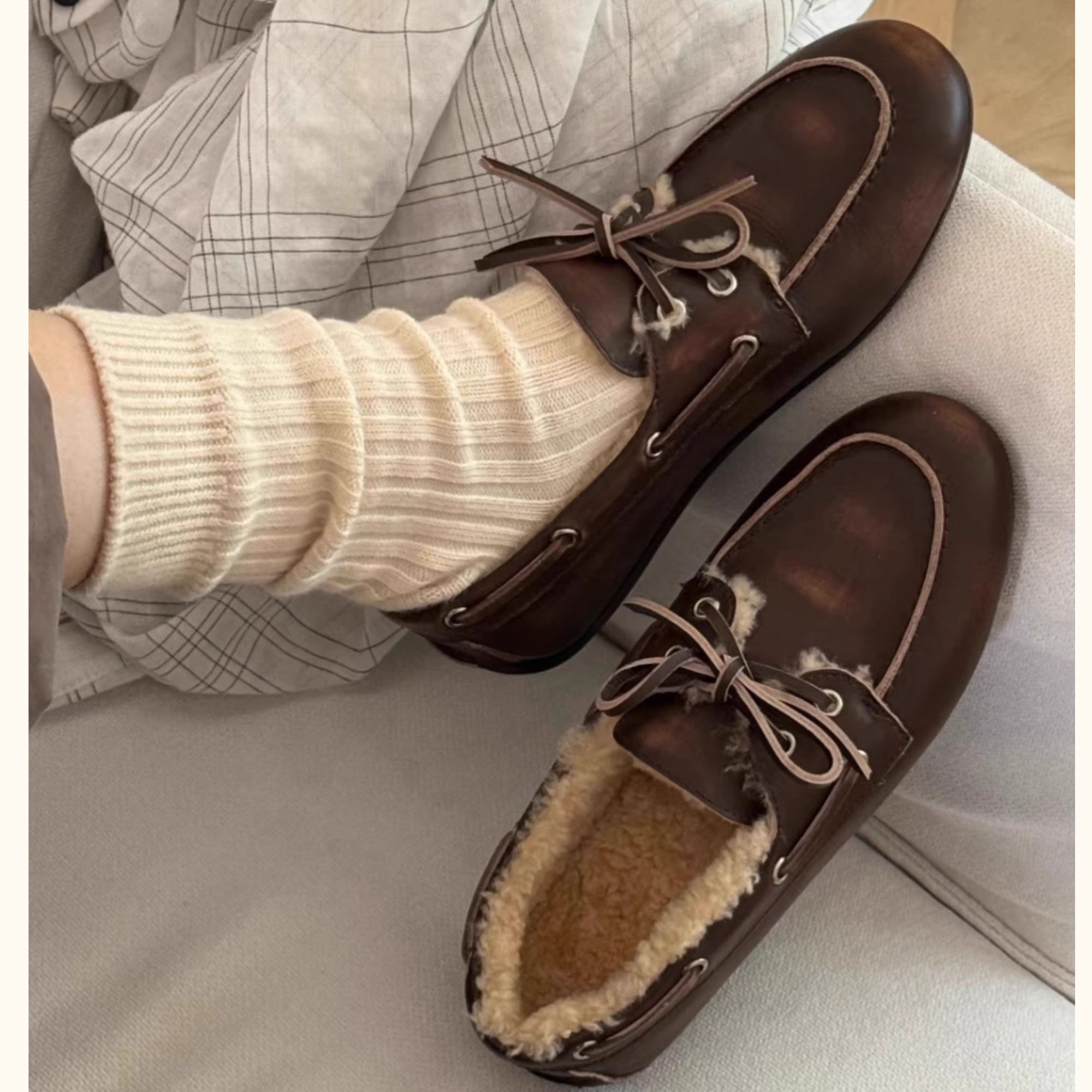 牛皮版~美拉德风做旧圆头系带懒人鞋女加绒保暖平底一脚蹬乐福鞋