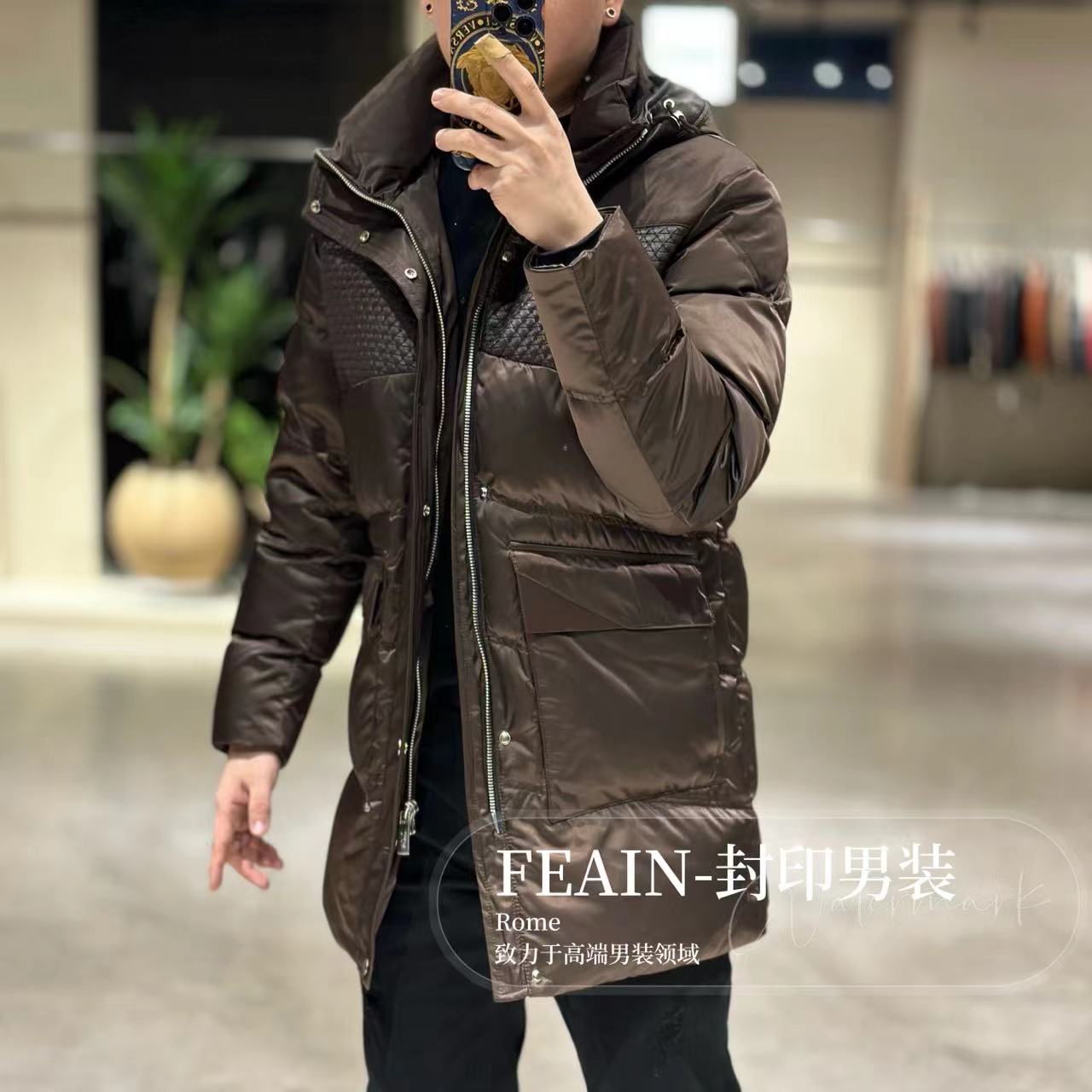 【真皮编织羽绒】高端手工立体编织真皮拼接长款大羽绒风衣8075