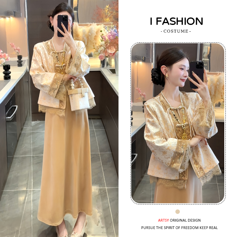 新中式国风时尚拼接套装女2026春秋新款刺绣盘扣上衣半身裙两件套