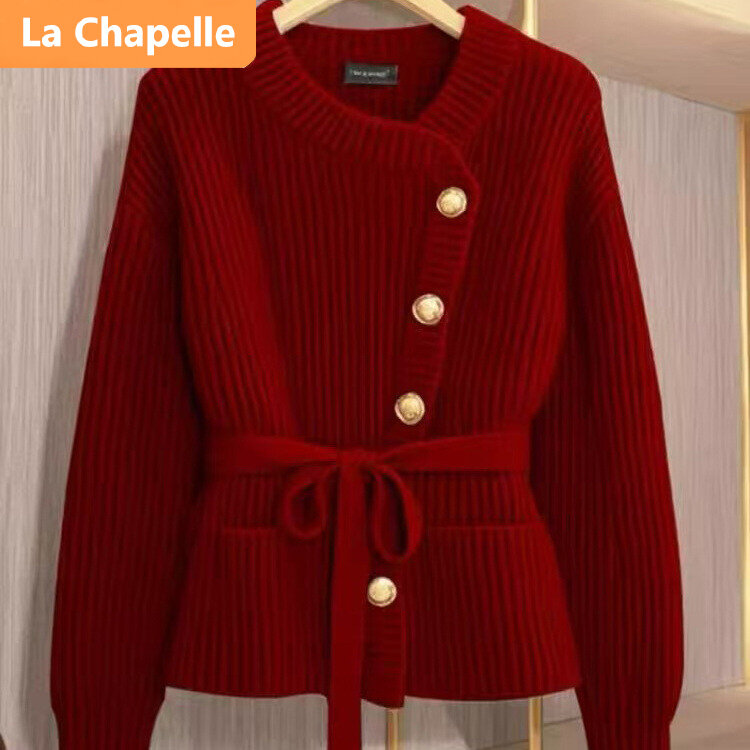 拉夏贝尔毛衣女秋季小众设计感纯色圆领斜襟收腰开衫休闲风针织衫