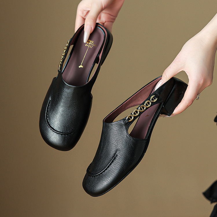 英伦拼色真皮舒适时尚百搭夏季软底复古包头平底休闲粗跟