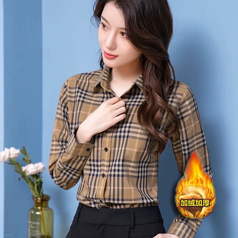 经典格子衬衫女长袖2025秋冬新款加绒显瘦复古衬衣打底保暖棉上衣
