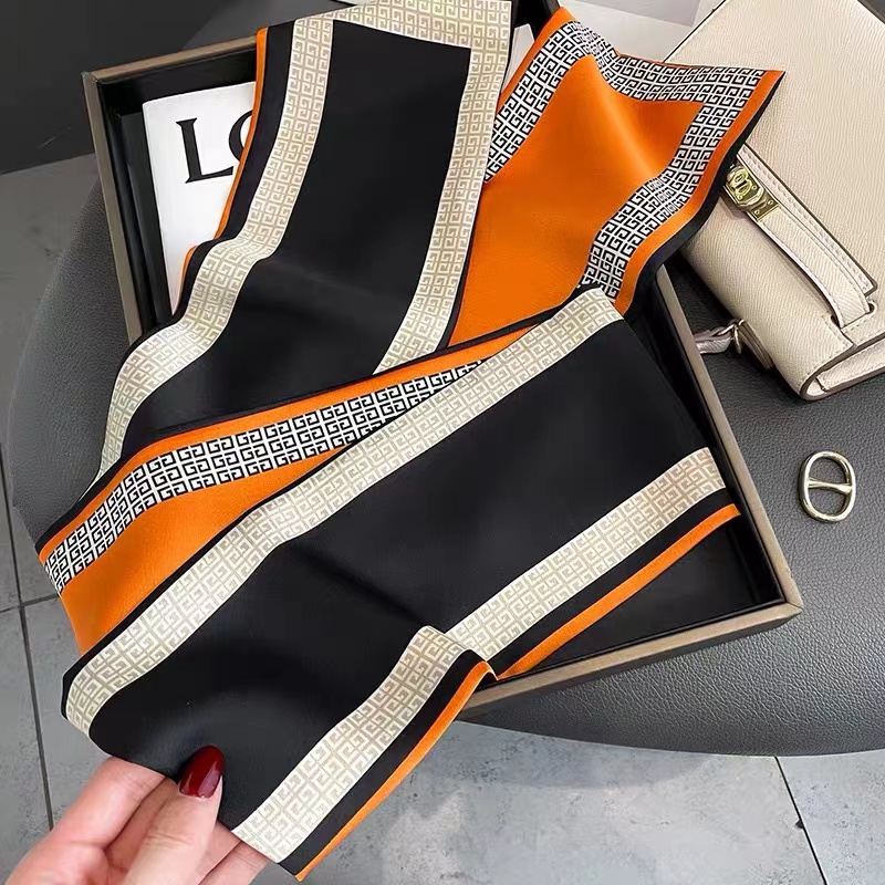复古橙色字母新款长条小丝巾女百搭装饰飘带围巾【145*15cm】长巾