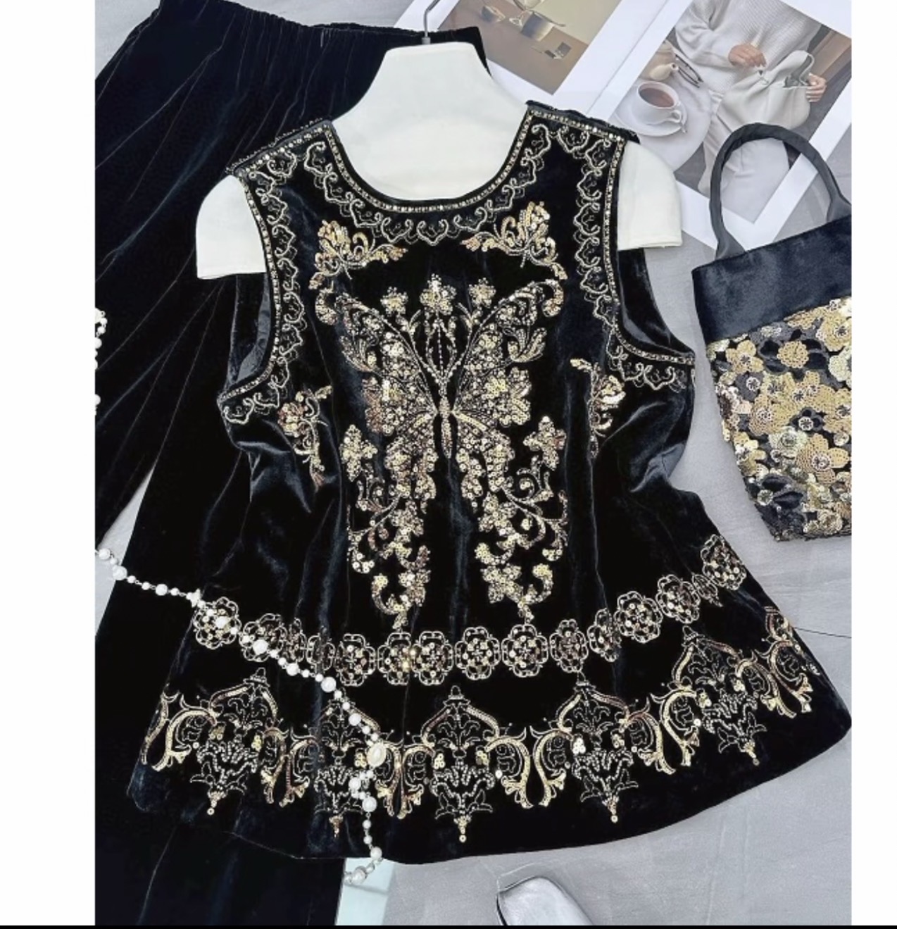 （富贵金蝶）秋季高端欧货亮片钉珠丝绒新款背心马甲+阔腿裤8301#