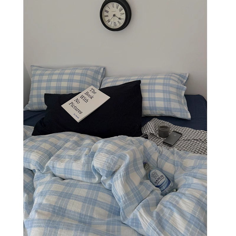 查理的白日梦丨Retro韩国蓬松海盐蓝格双层皱纱全棉床单被套四件