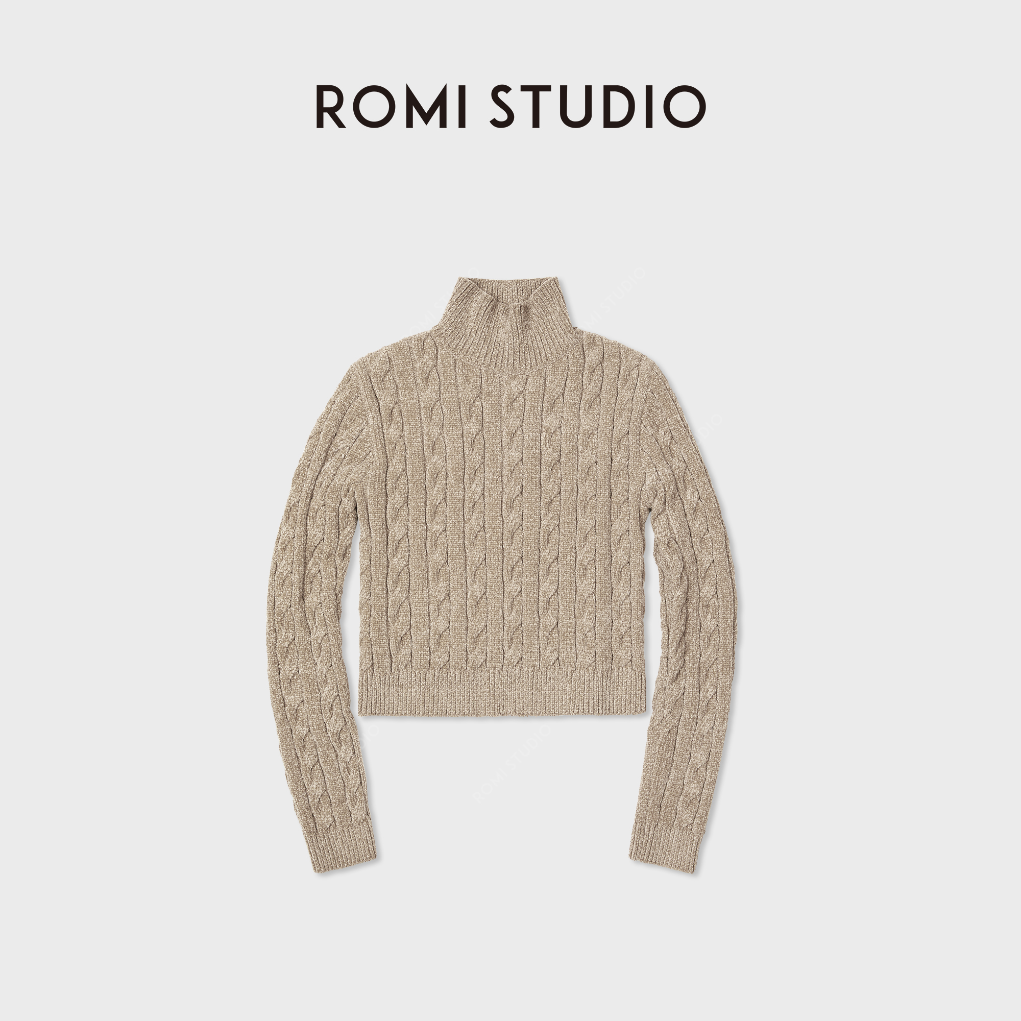 ROMI STUDIO100%雪尼尔纱线绒面绞花编织高领套头毛衫 RWCASZ3775