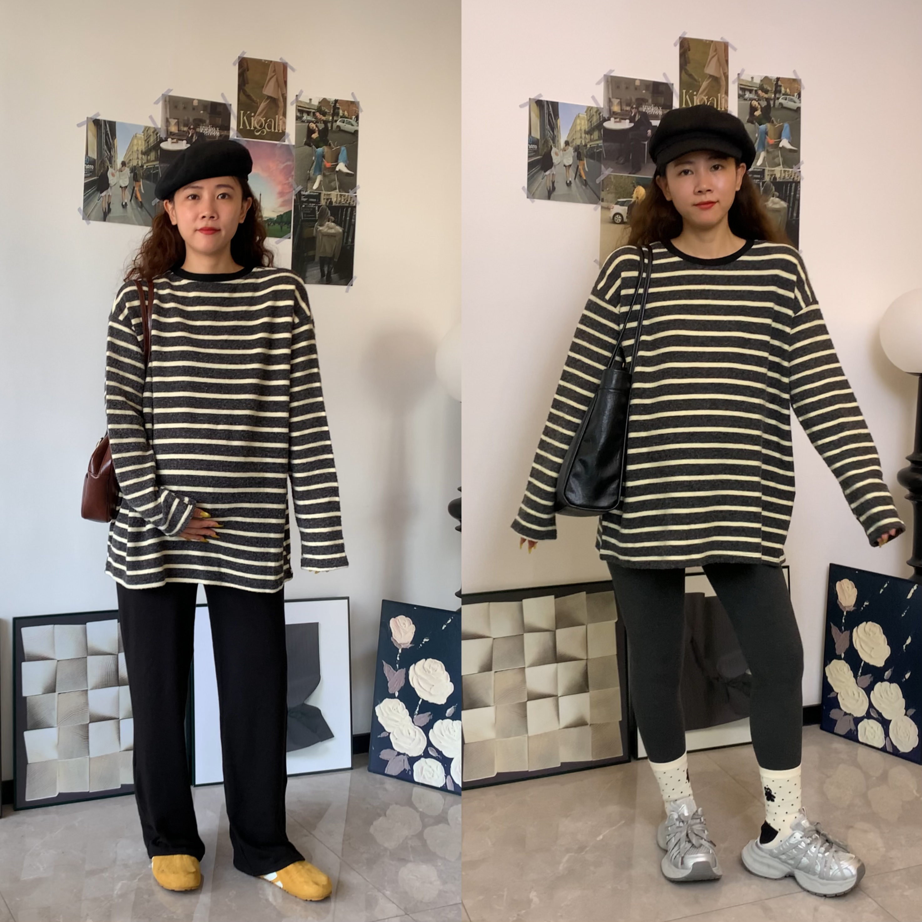 梨形身材穿的孕妇装秋冬季磨毛条纹撞色圆领中长款遮孕肚T恤上衣