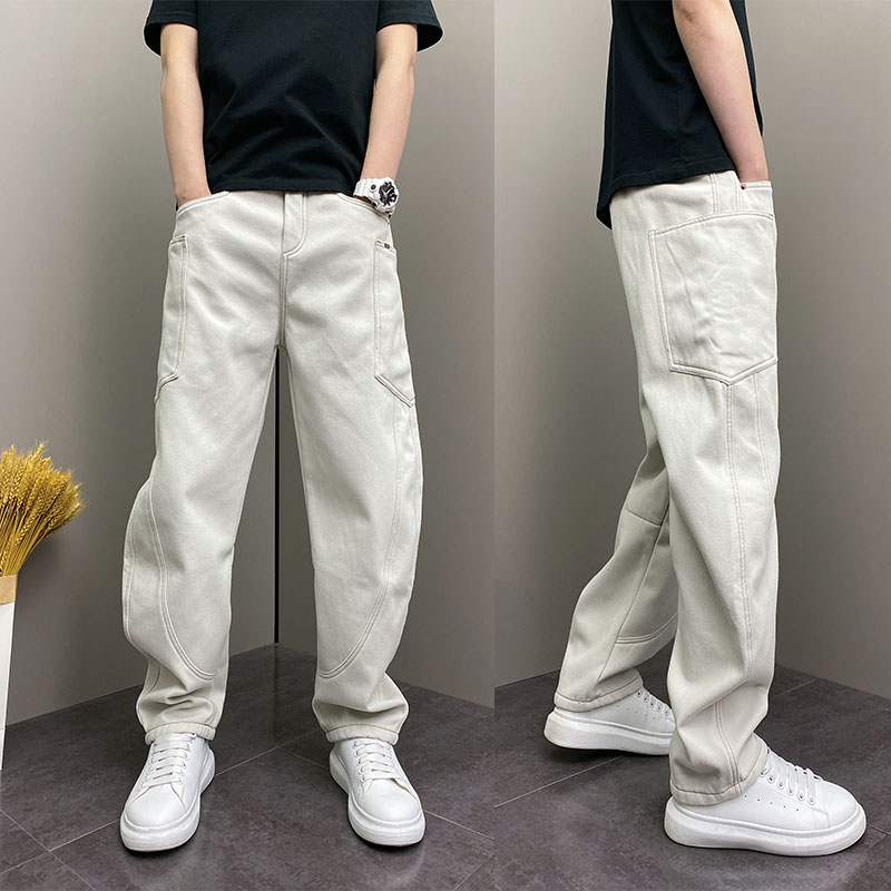 潮牌ins个性拼接直筒裤春季简约韩版纯色休闲裤宽松抽绳牛仔长裤