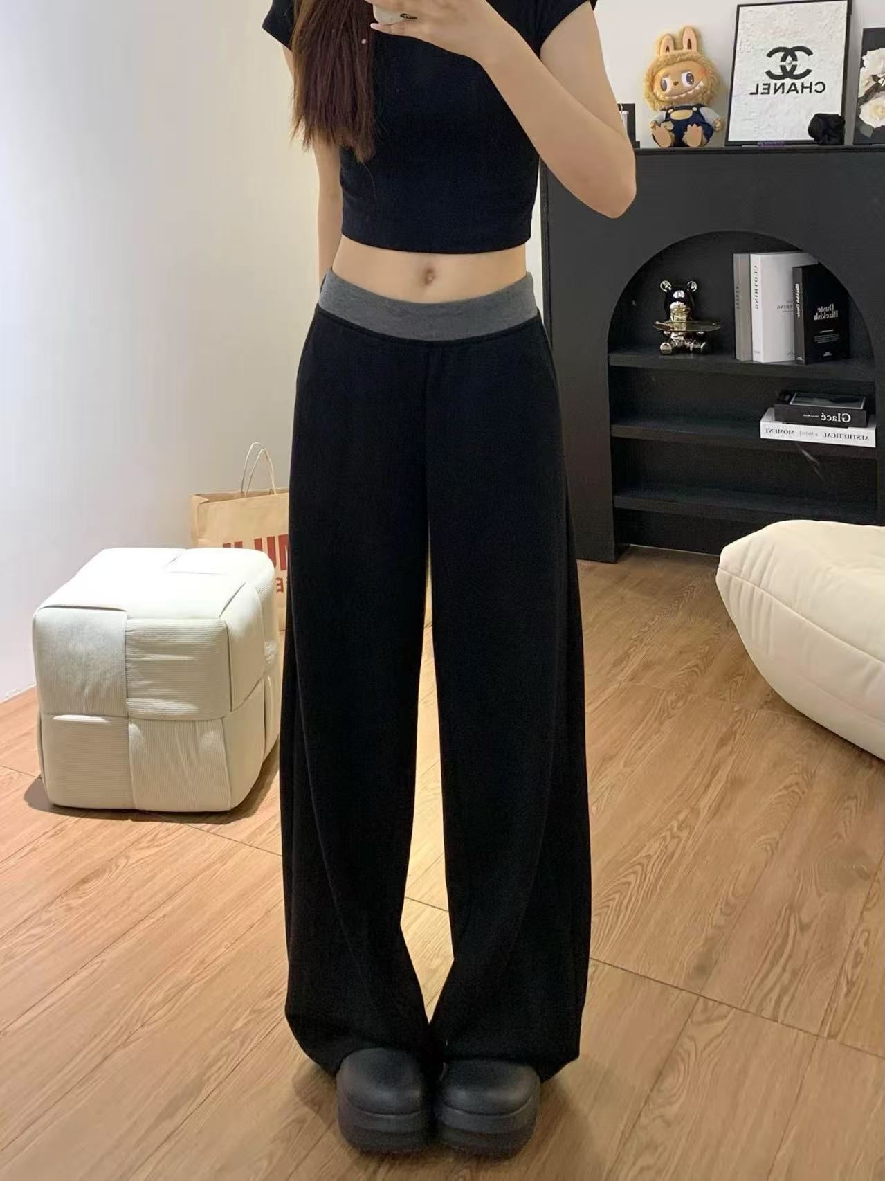 2025早秋新款胖MM高腰宽松显瘦阔腿拖地裤黑色拼接休闲裤女